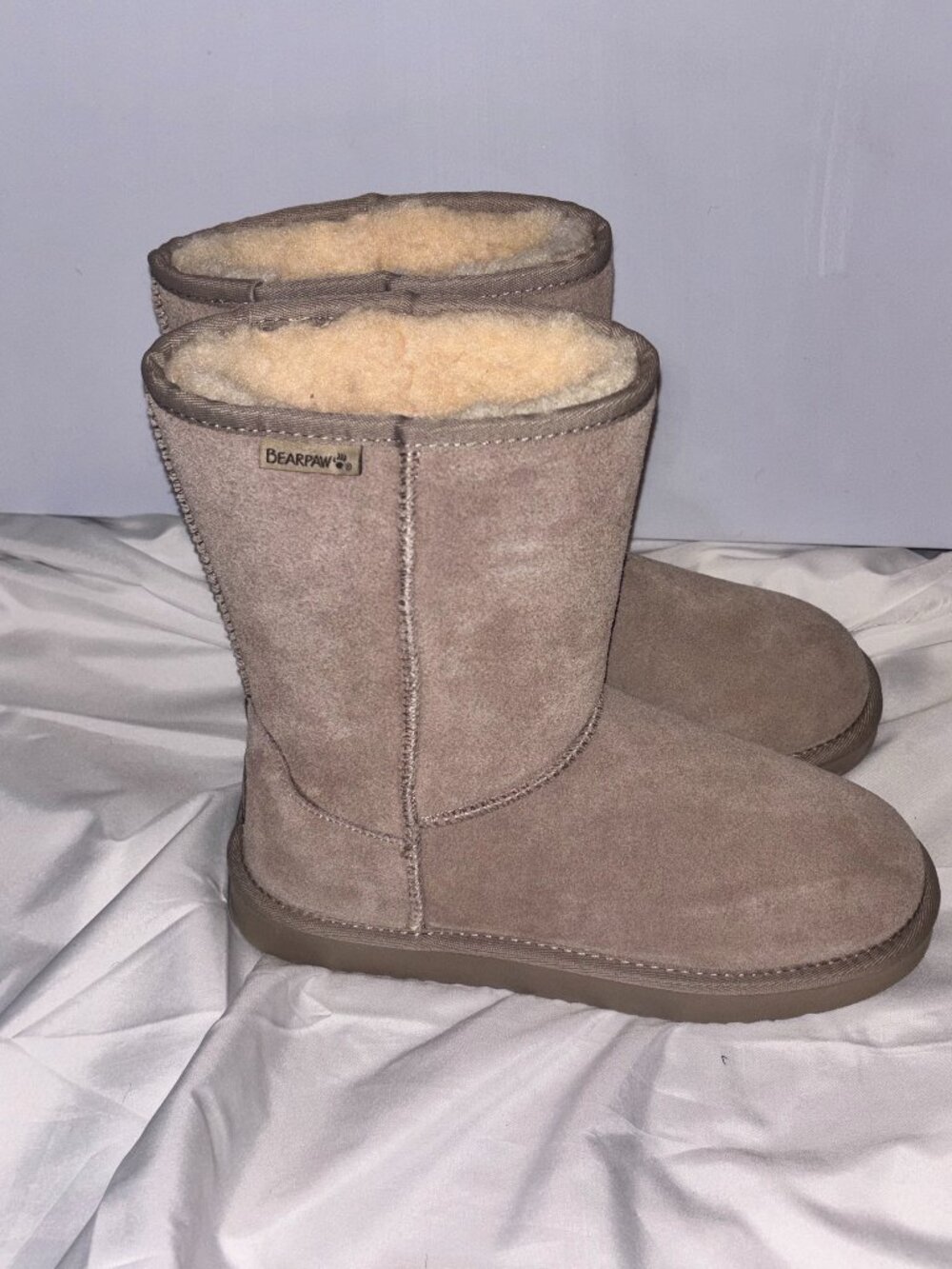 Bearpaw Emma Mid-Calf Tan Suede Shearling Winter Boots - Women's Size 8